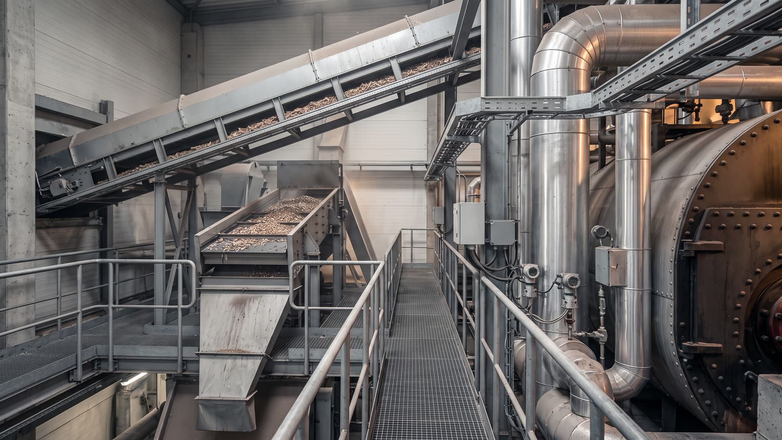 Fuel conveyors and a screen at a biomass plant, the boiler to the right, instruments and junction boxes on the pipework