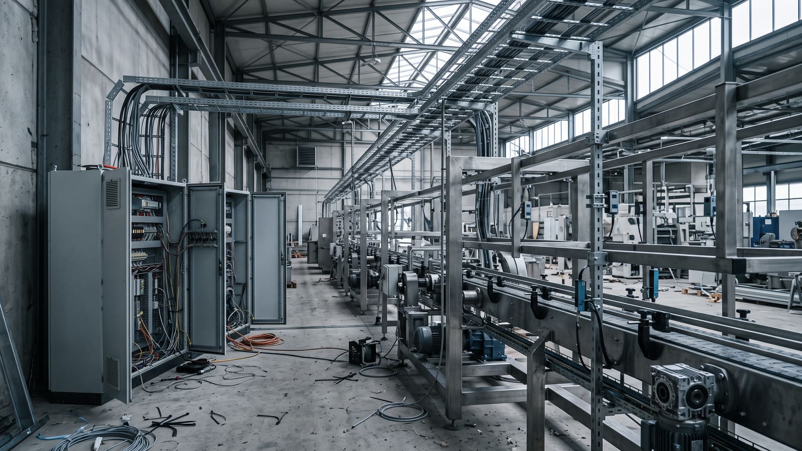 A production line mid-installation: control cabinets open on their wiring and cable ladders running the length of the hall