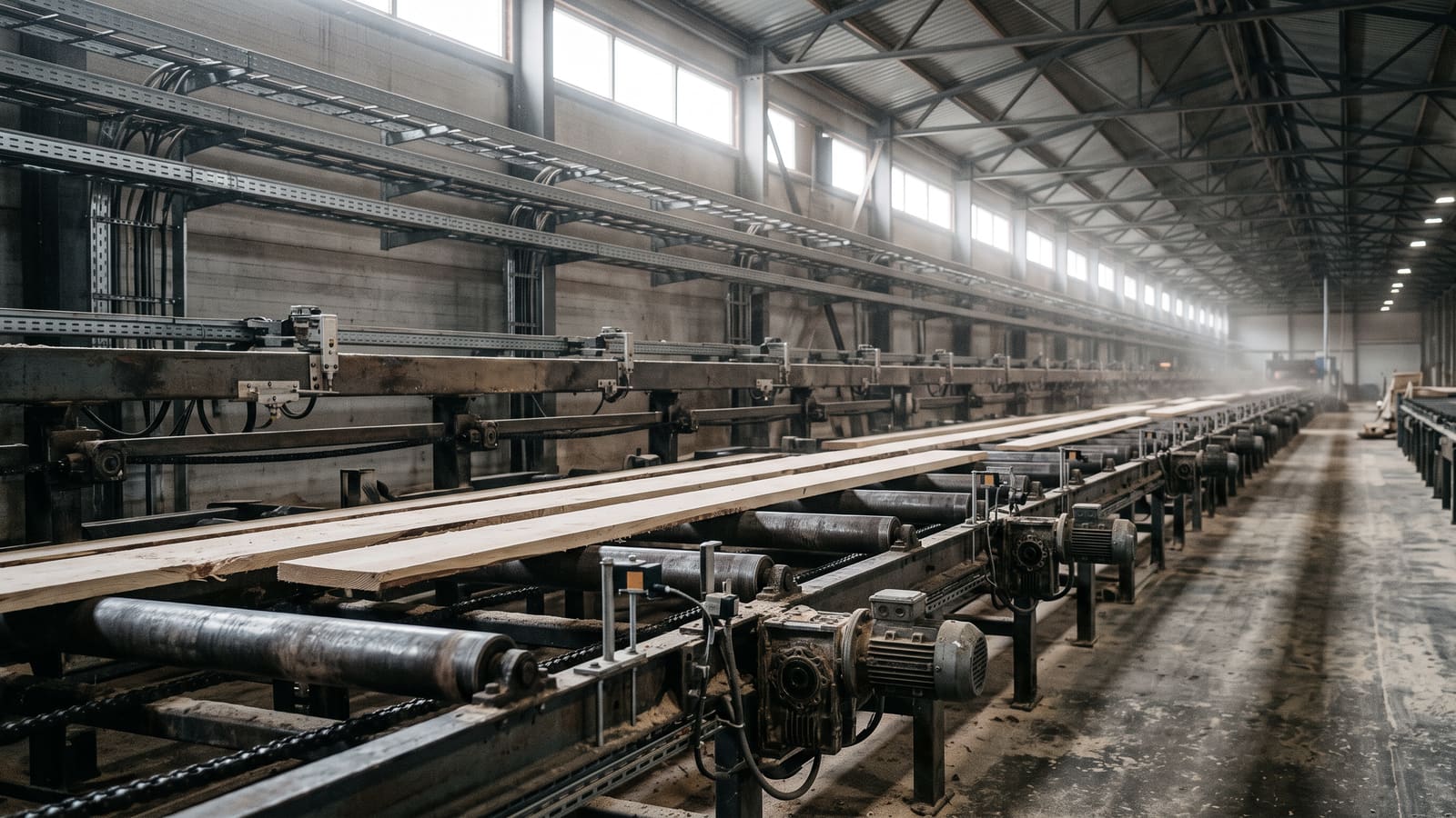 A sawmill conveyor line: boards on the rollers, drive motors and gearboxes along the frame, cable trays overhead