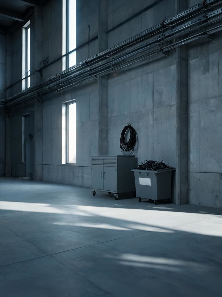 A swept hall after a shift, tools in a closed trolley and cable offcuts in a marked bin