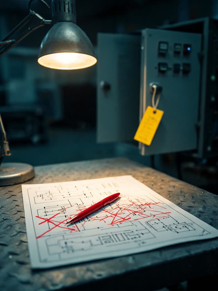 An electrical drawing marked in red pencil with a yellow fault tag on an open panel handle