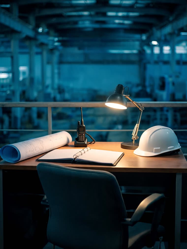 A single desk in a production hall: drawing roll, radio, hard hat, one chair