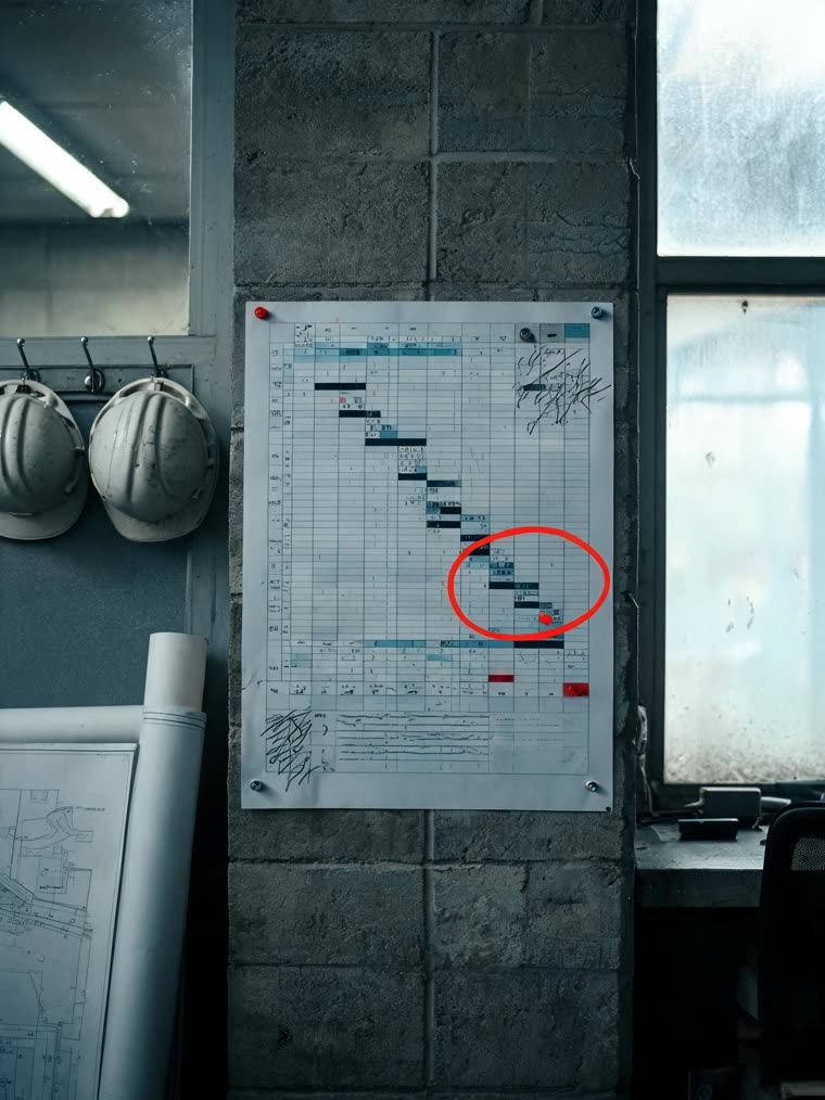 A project schedule on a site office wall with the handover date circled in red