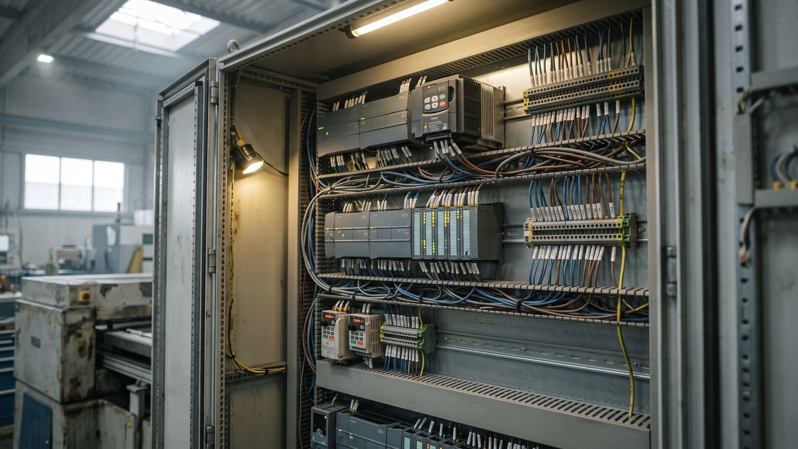 Ohjauskeskuksen sisus: logiikan I/O-moduulit, taajuusmuuttajat ja merkitty ohjausjohdotus